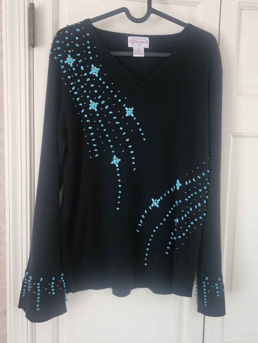 Black V-Neck Sweater with Turquoise Beaded Star Accents - Picture 4 of 6